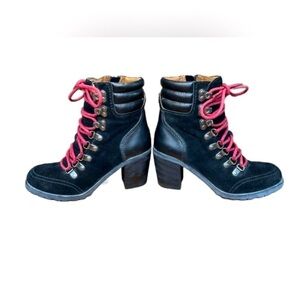 Lucky Brand Lace-Up Suede Black Joss Boots with Red Laces & 3” Chunky Heels, 6